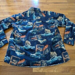 VTG Clearwater Outfitters Mens L Long sleeved Route 66 Shirt Blue Trucks Cars